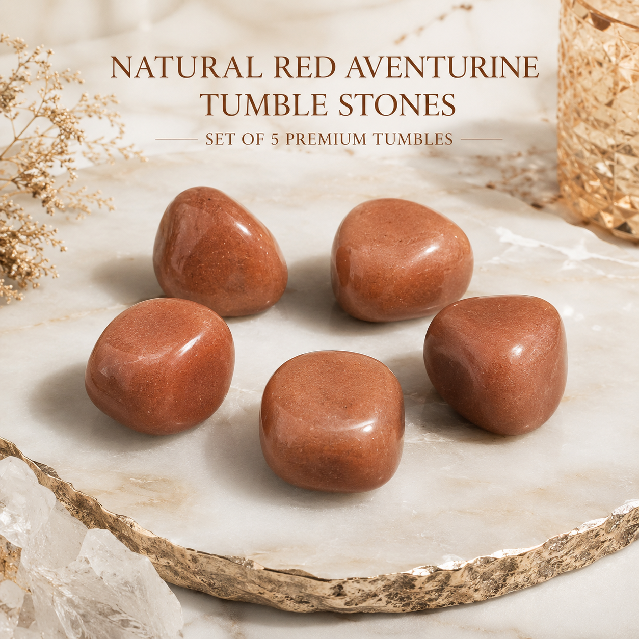 Natural Red Aventurine Tumble Stones | Set of 5 Premium Red Aventurine Crystal Tumbled Stones | Motivation, Confidence & Vitality Healing Crystals