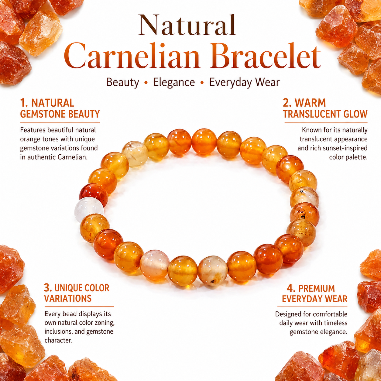 Natural Carnelian Bracelet 8mm | Certified Gemstone Bracelet