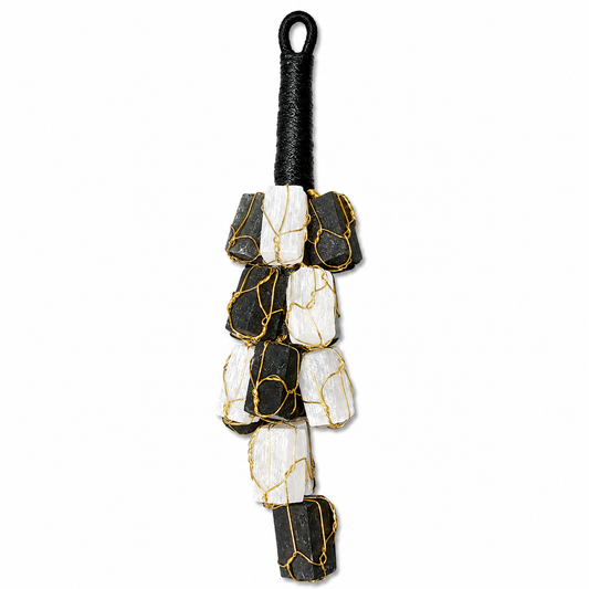 Selenite & Black Tourmaline Hanging Decor | Natural Crystal Protection Hanging | 15 Stones | Home & Office Decor