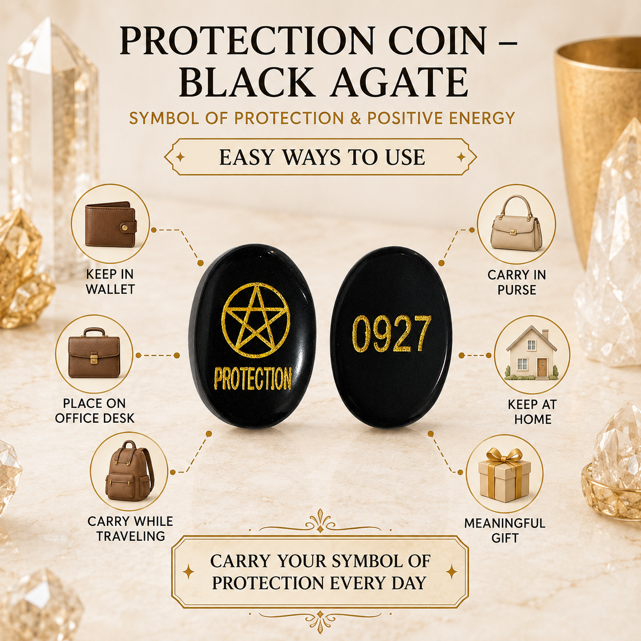 Natural Black Agate Protection Coin | Sacred Protection Energy Coin | Pocket Crystal for Positivity, Meditation & Spiritual Practices