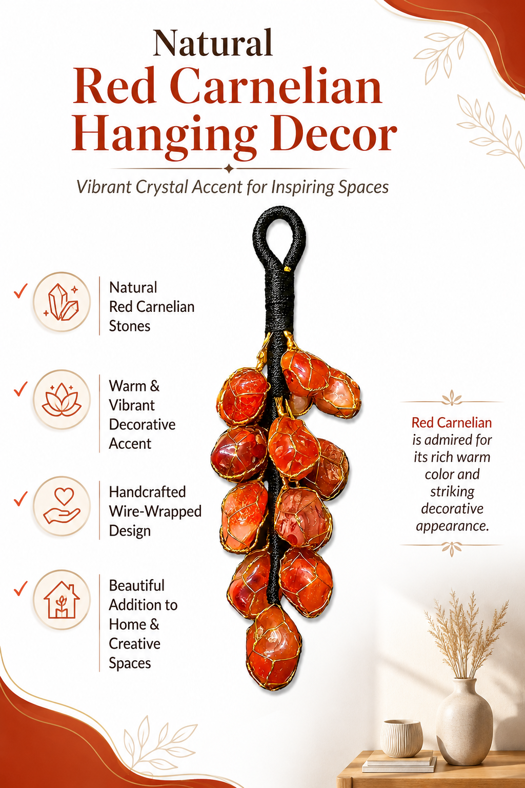 Red Carnelian Hanging Decor | Natural Crystal Hanging | 15 Stone Handmade Home Decor