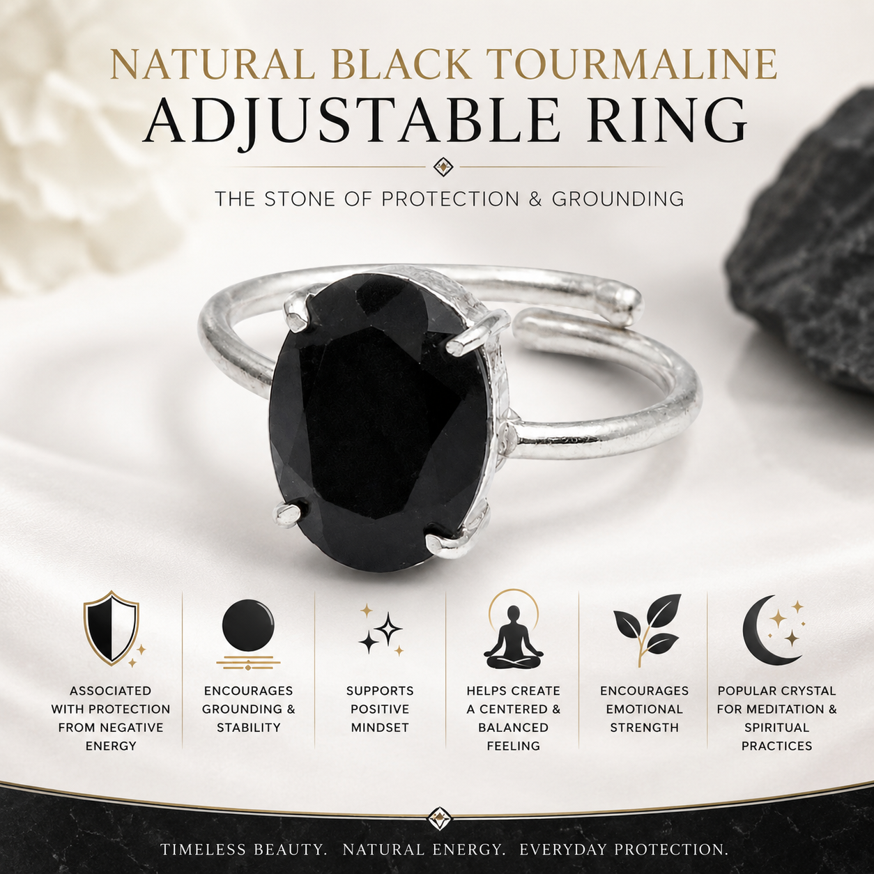 Natural Black Tourmaline Adjustable Ring | Handmade Crystal Gemstone Ring | Healing Crystal Jewelry