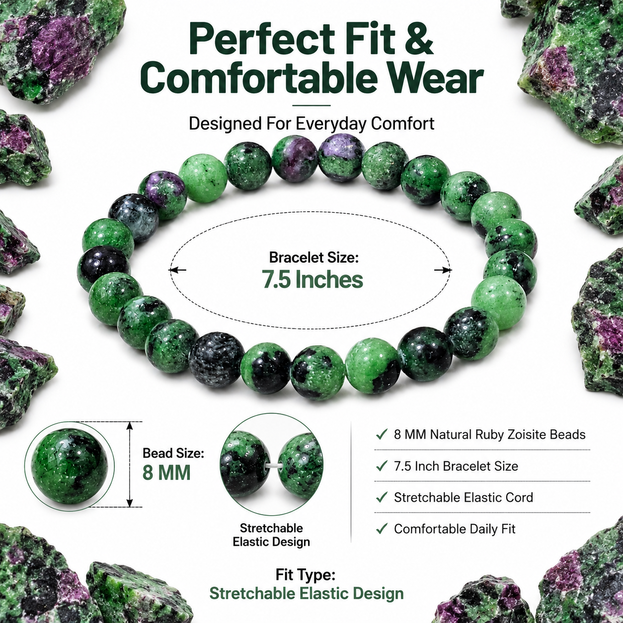 Natural Ruby Zoisite Bracelet 8mm | Certified Gemstone Bracelet