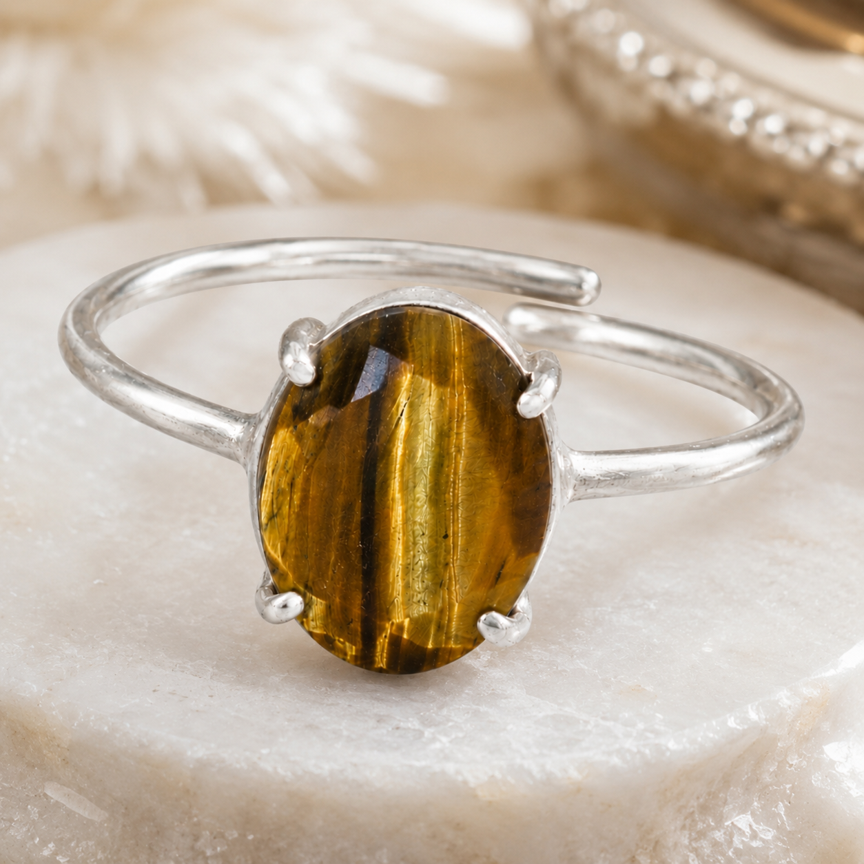 Natural Tiger Eye Adjustable Ring | Handmade Tiger Eye Gemstone Ring | Healing Crystal Jewelry