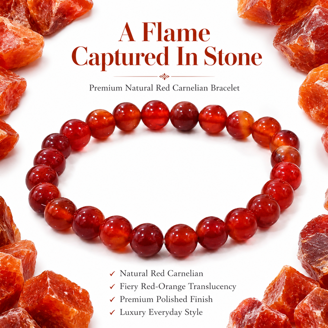 Natural Red Carnelian Bracelet 8mm | Certified Courage, Confidence & Vitality Gemstone Bracelet