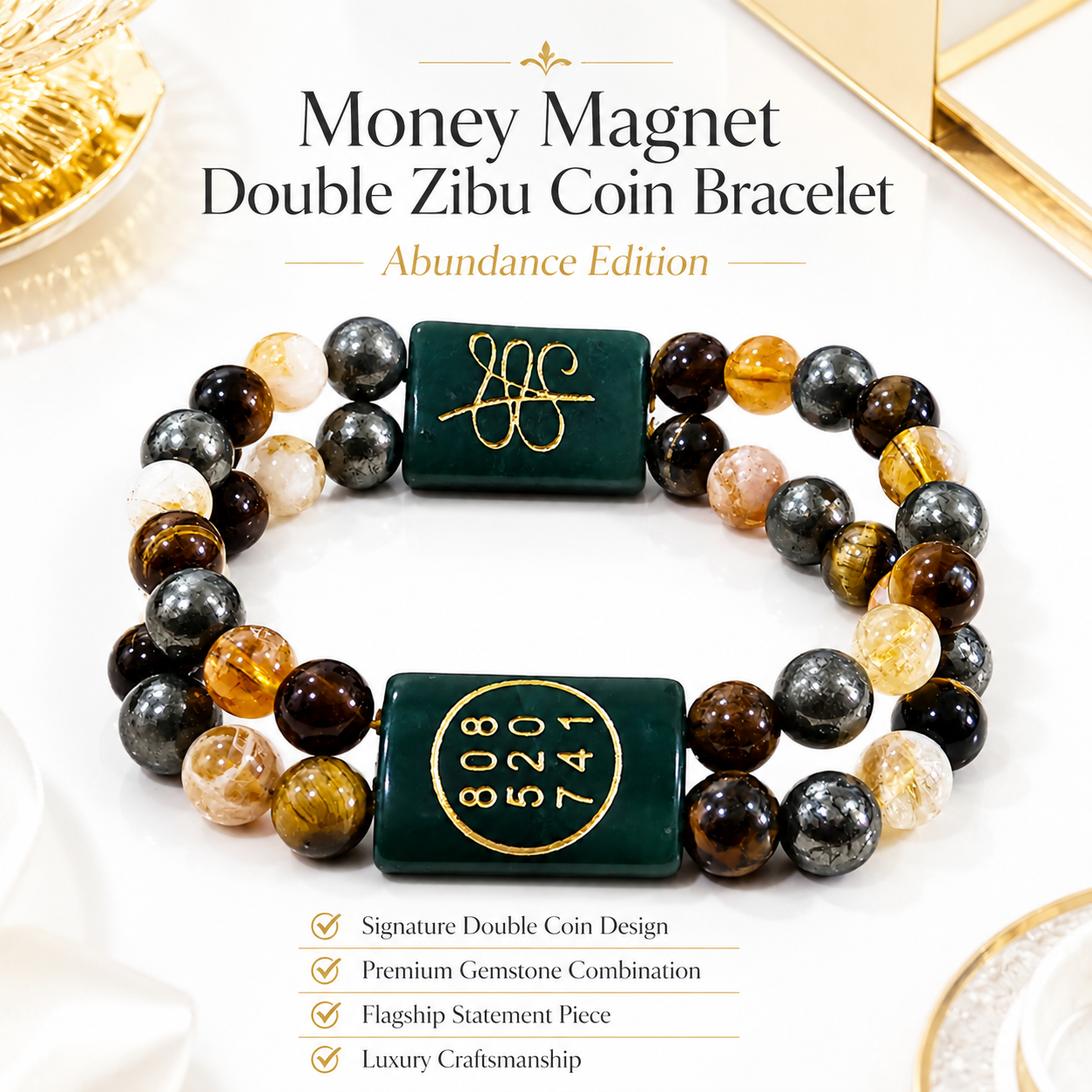 Money Magnet Double Zibu Coin Bracelet – Abundance Edition with Citrine, Tiger Eye & Pyrite