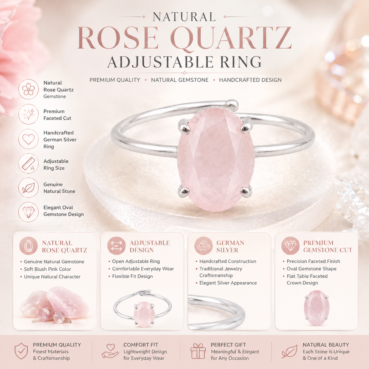 Natural Rose Quartz Adjustable Ring | Handmade Rose Quartz Gemstone Ring | Healing Crystal Jewelry