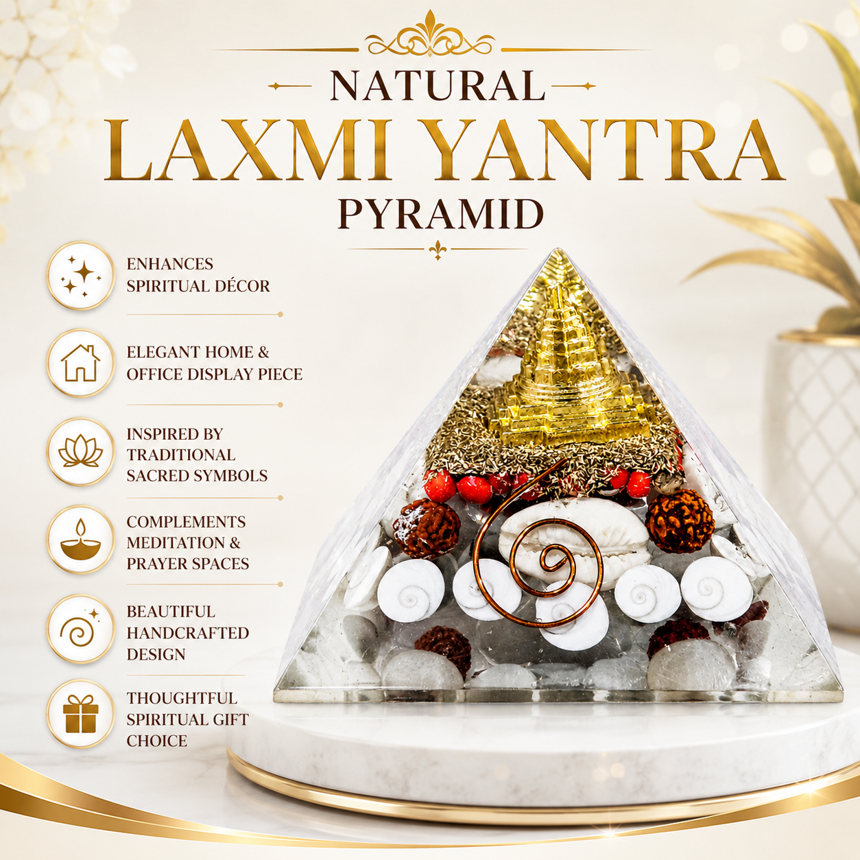 Natural Shree Laxmi Yantra Orgonite Pyramid with Gomti Chakra & Rudraksha