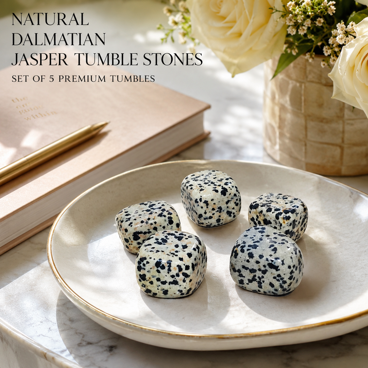 Natural Dalmatian Jasper Tumble Stones | Set of 5 Premium Dalmatian Jasper Crystal Tumbled Stones | Joy & Grounding Healing Crystals