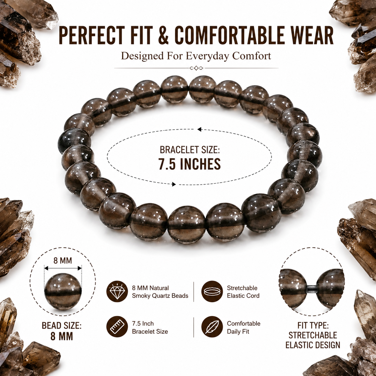 Natural Smoky Quartz Bracelet 8mm