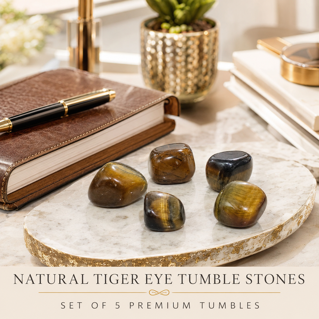 Natural Tiger Eye Tumble Stones | Set of 5 Premium Tiger Eye Crystal Tumbled Stones | Protection, Confidence & Grounding Healing Crystals