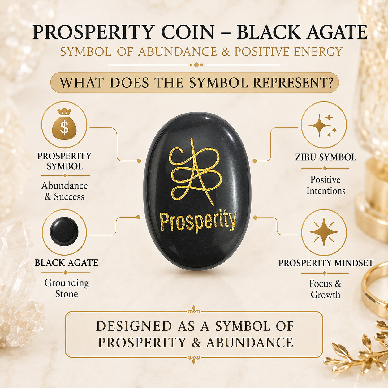 Natural Black Agate Prosperity Coin | Engraved Abundance Symbol Pocket Stone | Positive Energy Crystal Coin