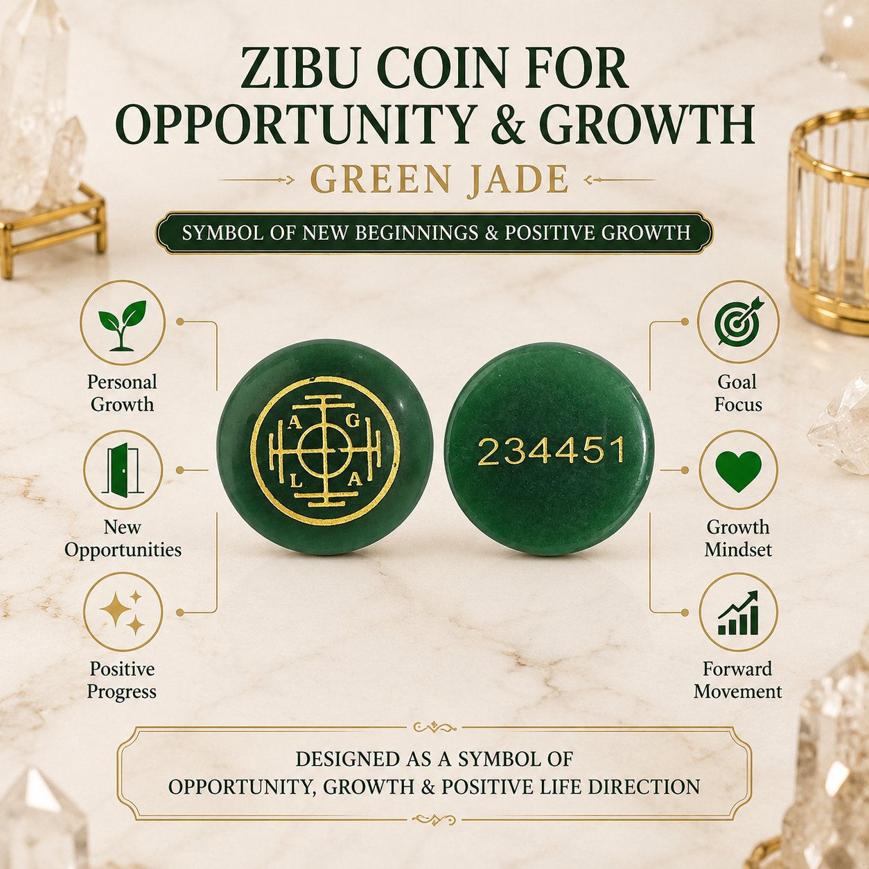 Natural Green Jade Opportunity & Growth Coin | Engraved Positive Progress Pocket Stone | Zibu Symbol Crystal Coin