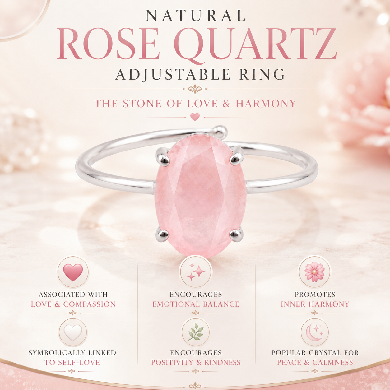 Natural Rose Quartz Adjustable Ring | Handmade Rose Quartz Gemstone Ring | Healing Crystal Jewelry