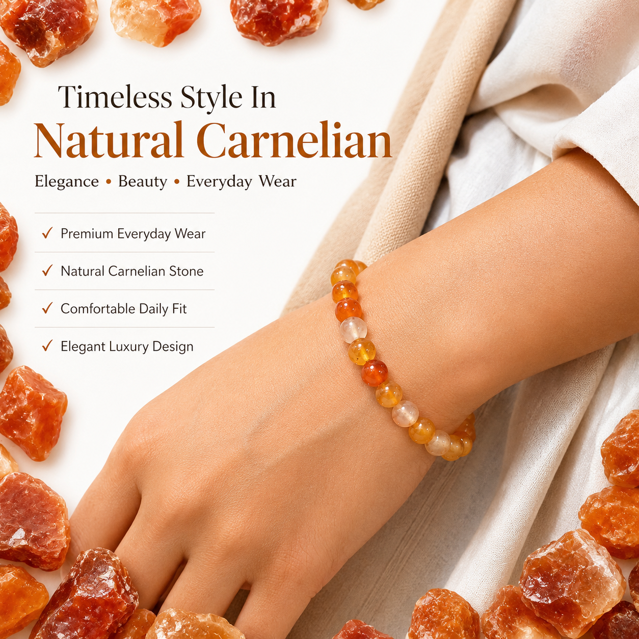 Natural Carnelian Bracelet 8mm | Certified Gemstone Bracelet