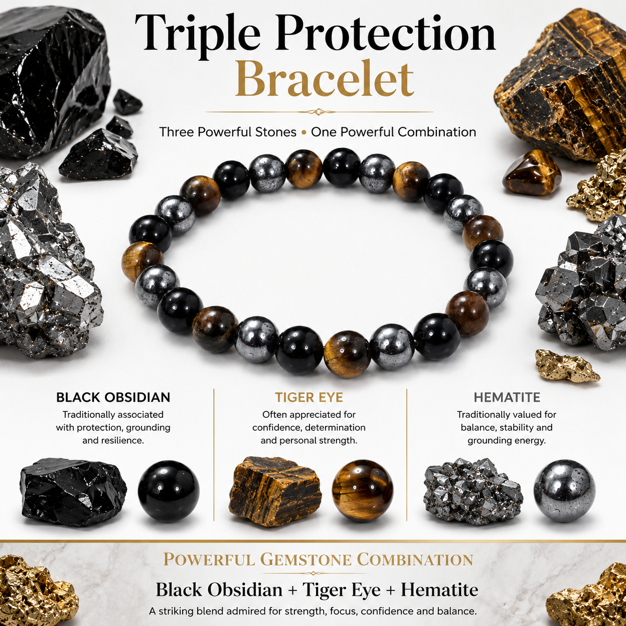 Triple Protection Bracelet – Black Obsidian, Tiger Eye & Hematite Protection Bracelet