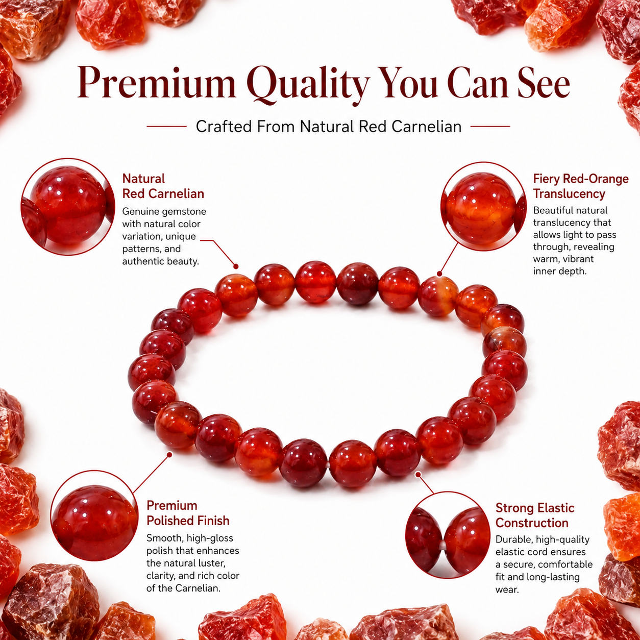Natural Red Carnelian Bracelet 8mm | Certified Courage, Confidence & Vitality Gemstone Bracelet