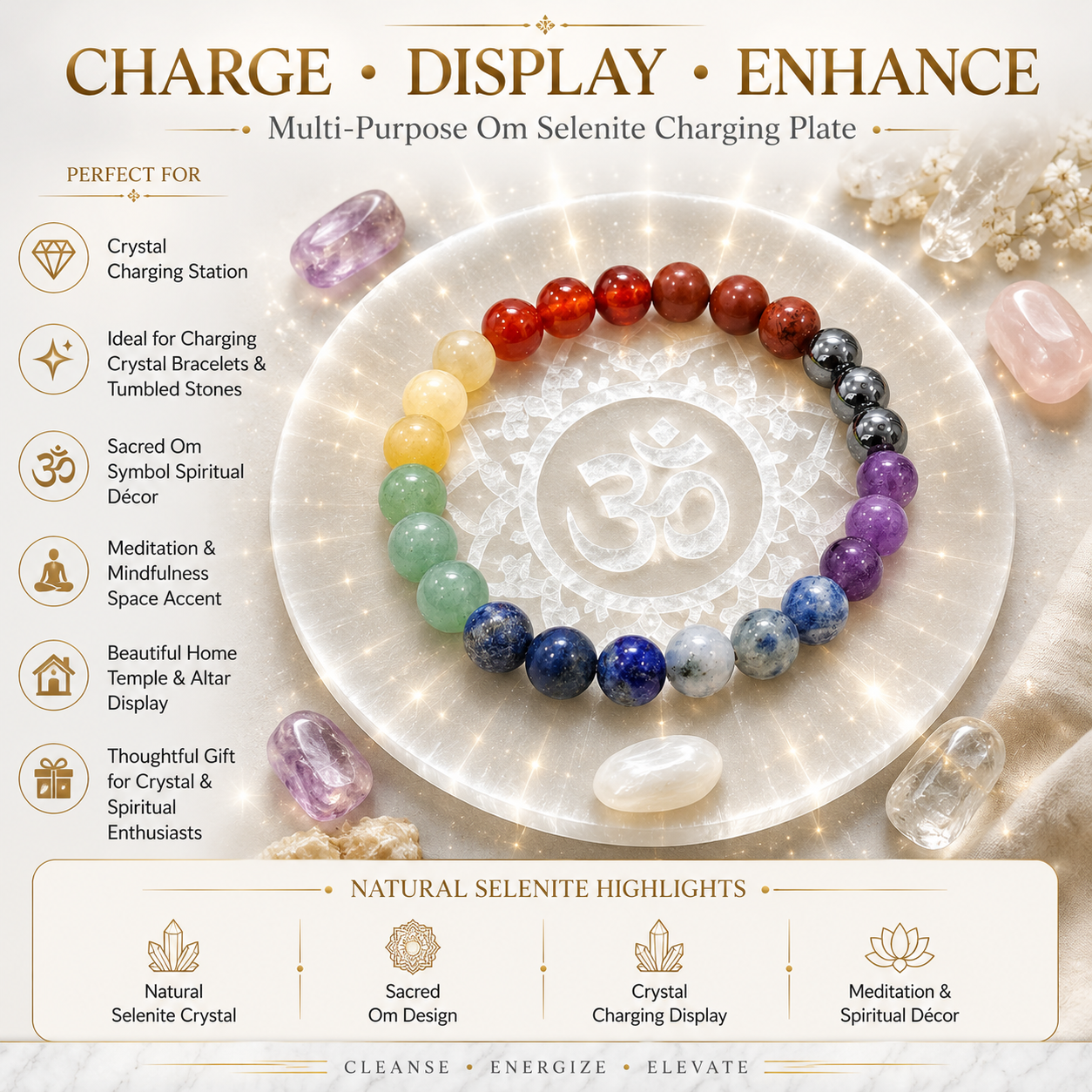 Om Selenite Charging Plate – Natural Crystal Cleansing & Charging Plate