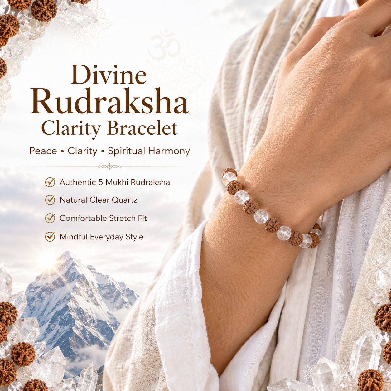 Divine Rudraksha Clarity Bracelet – Natural Rudraksha & Clear Quartz Spiritual Bracelet