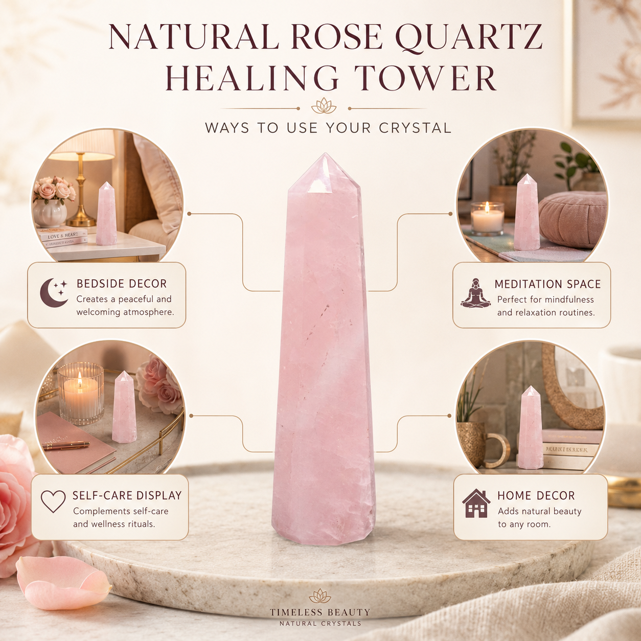 Natural Rose Quartz Healing Tower | Premium Polished Rose Quartz Crystal Point | Love, Harmony & Meditation Crystal