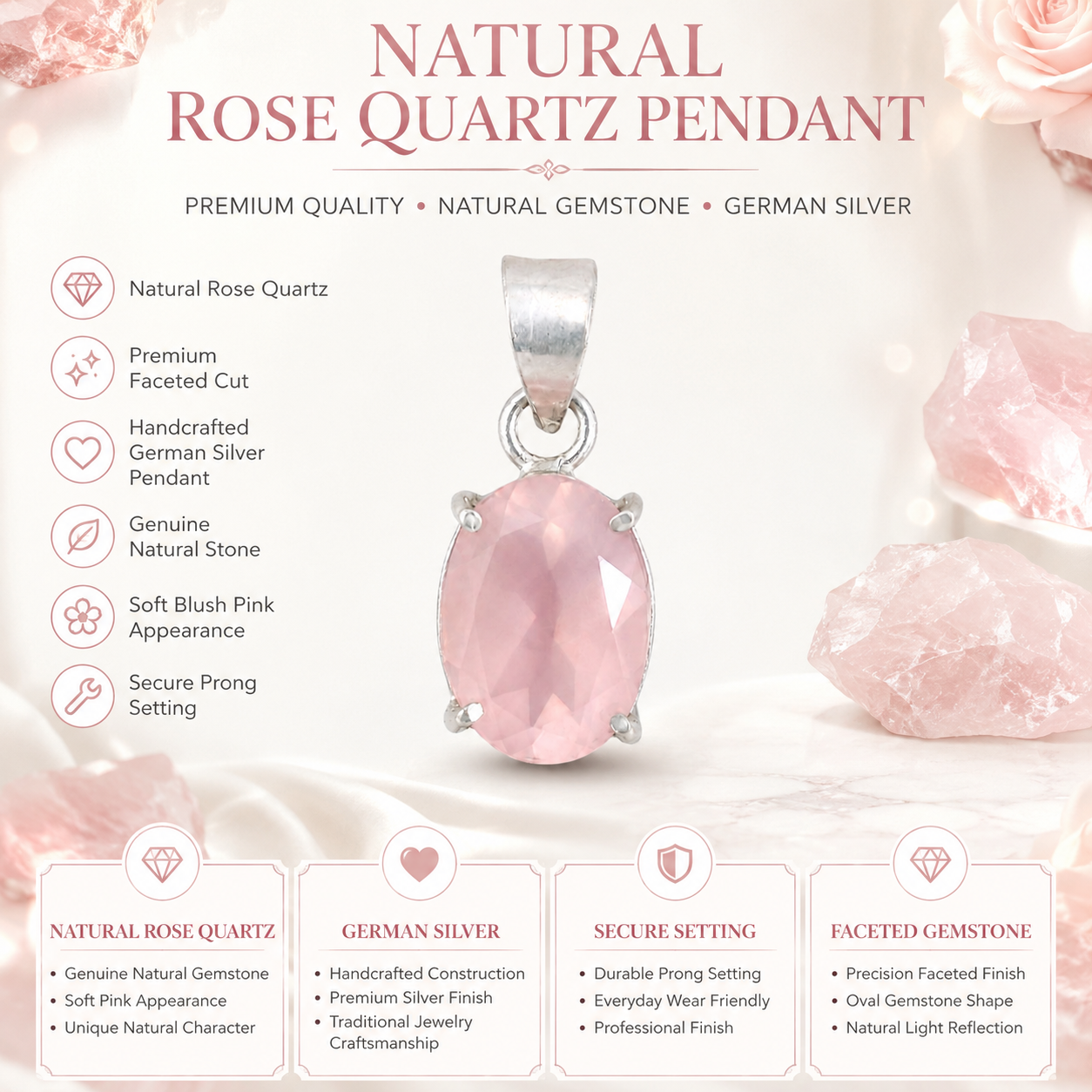 Natural Rose Quartz Pendant | Handmade Rose Quartz Gemstone Pendant | Healing Crystal Jewelry