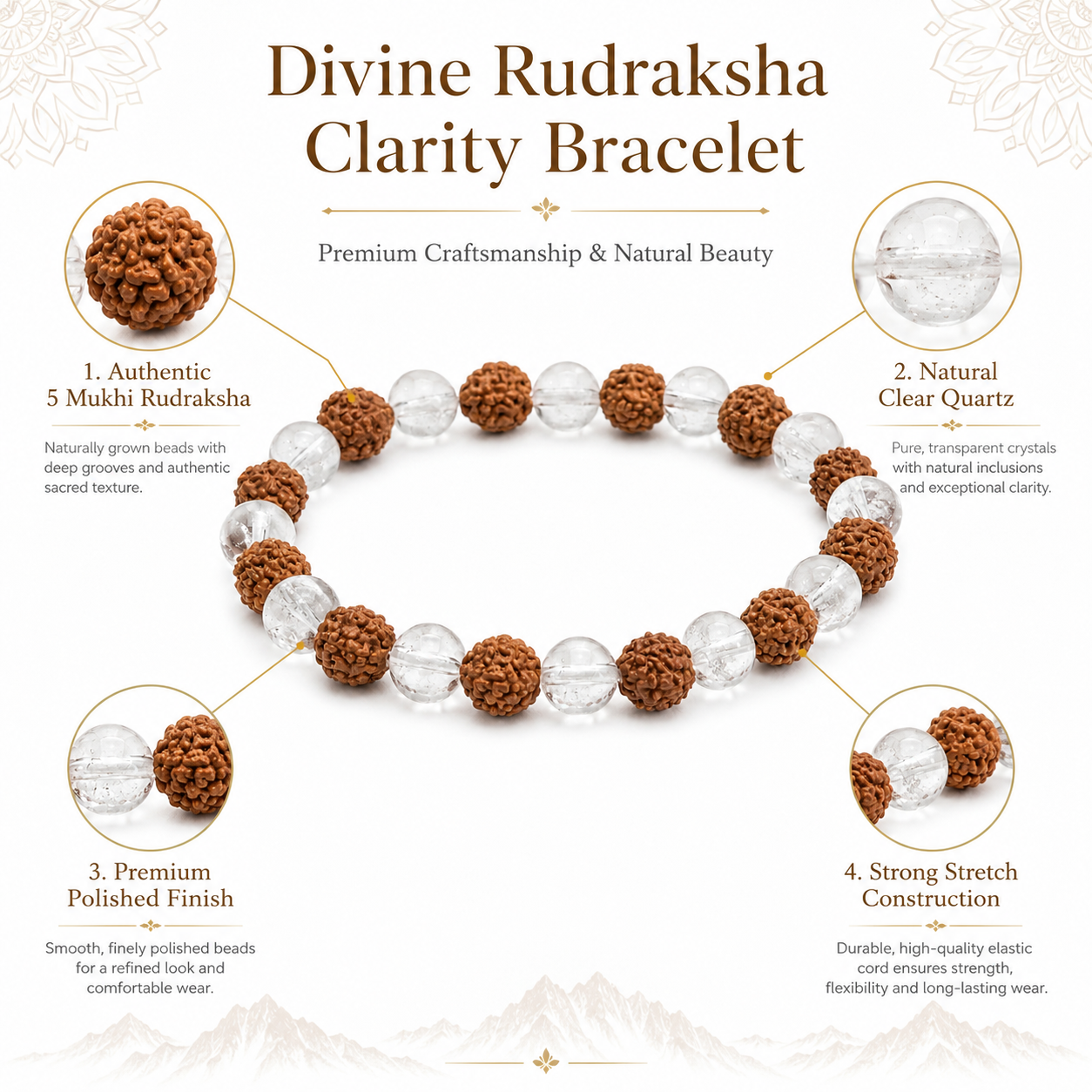 Divine Rudraksha Clarity Bracelet – Natural Rudraksha & Clear Quartz Spiritual Bracelet
