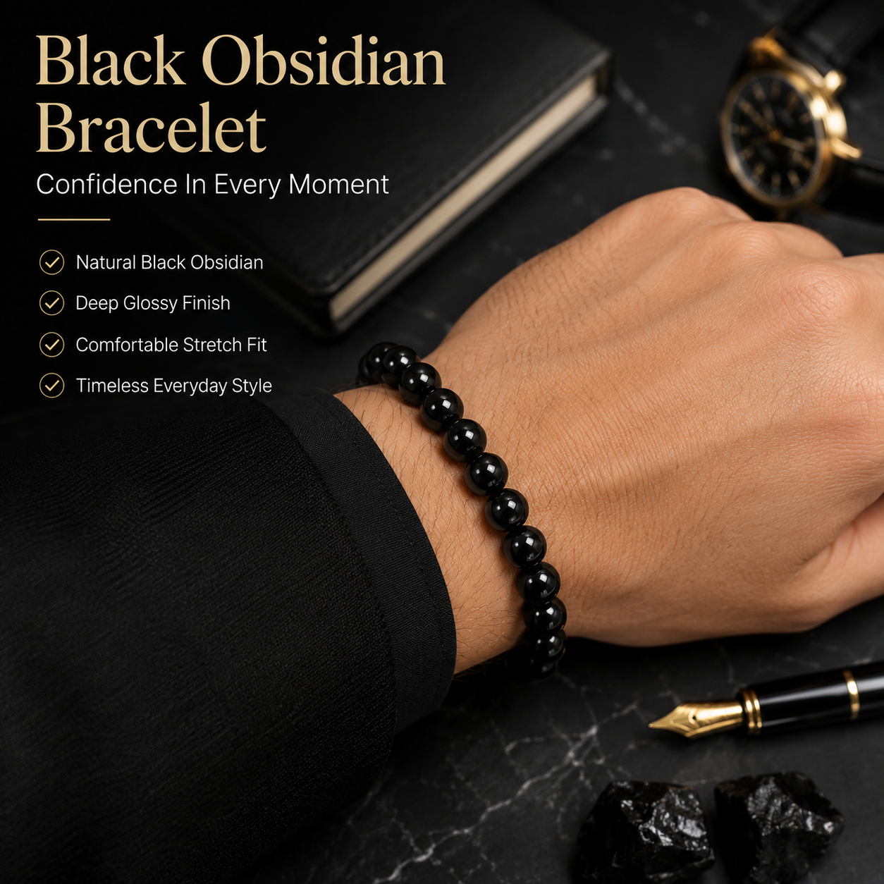 Natural Black Obsidian Bracelet – Protection, Grounding & Energy Shield Bracelet