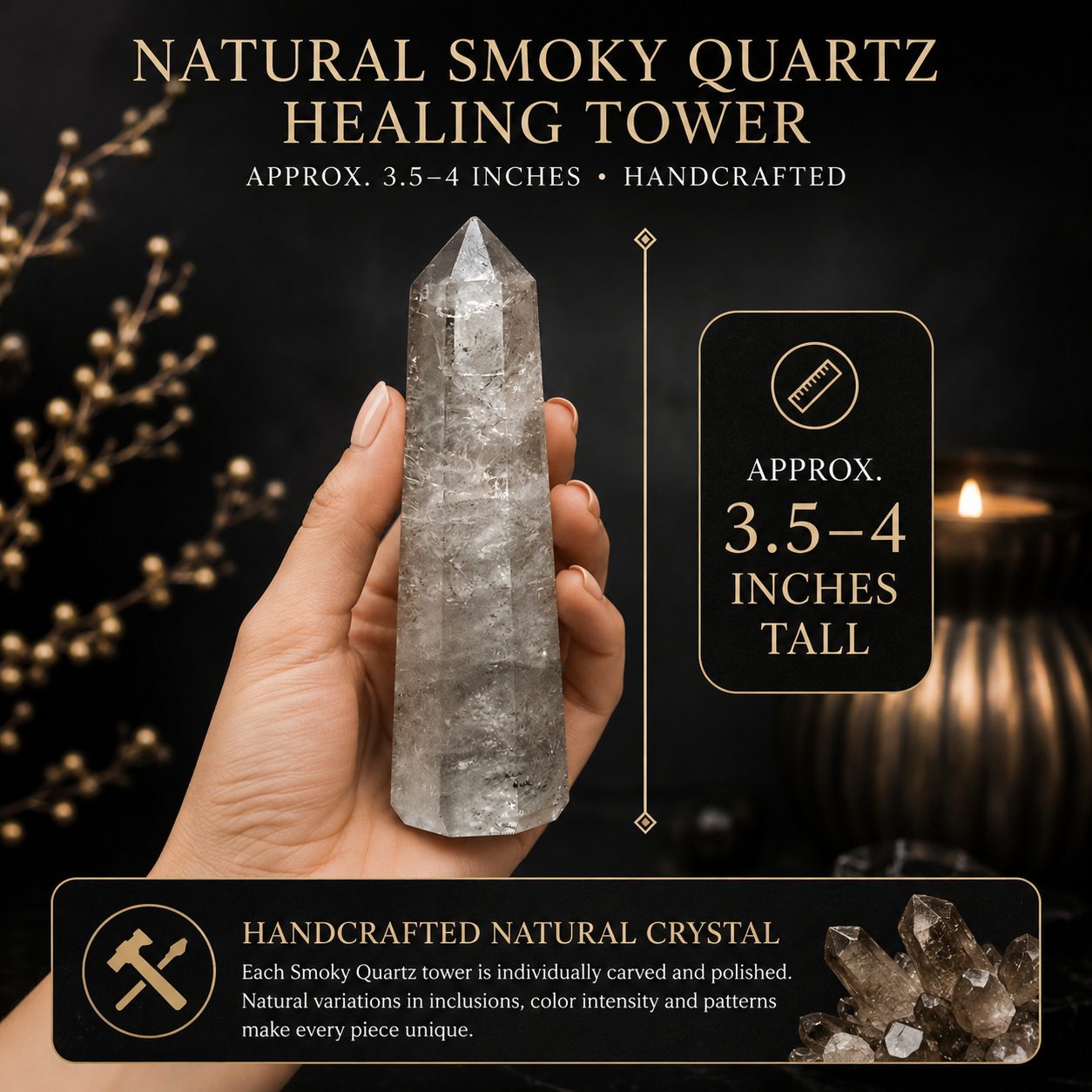 Natural Smoky Quartz Healing Tower | Premium Polished Smoky Quartz Crystal Point | Grounding, Protection & Meditation Crystal