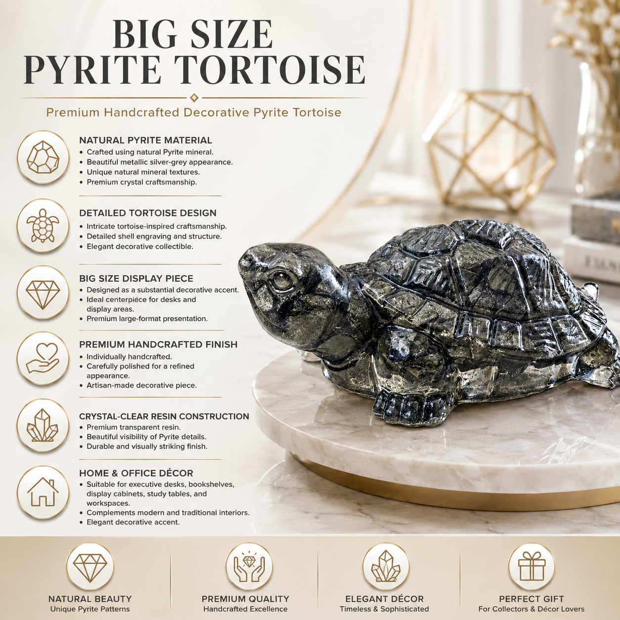 Natural Big Size Pyrite Tortoise – Handcrafted Crystal Tortoise Figurine