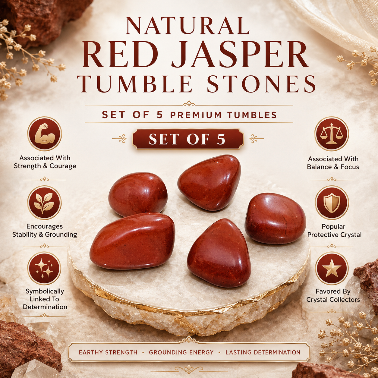 Natural Red Jasper Tumble Stones | Set of 5 Premium Red Jasper Crystal Tumbled Stones | Healing Crystal for Strength & Grounding