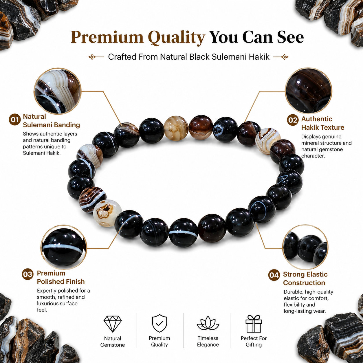 Natural Black Sulemani Hakik Bracelet 8mm
