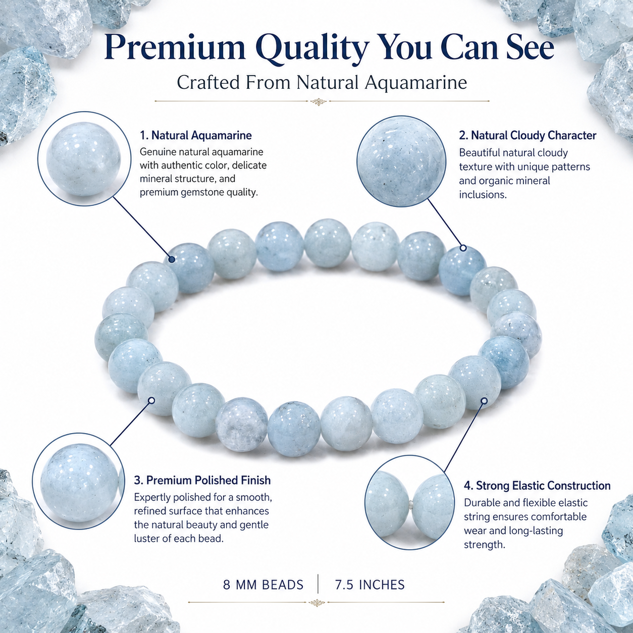 Natural Aquamarine Bracelet 8mm | Certified Ocean Blue Gemstone Crystal Bracelet