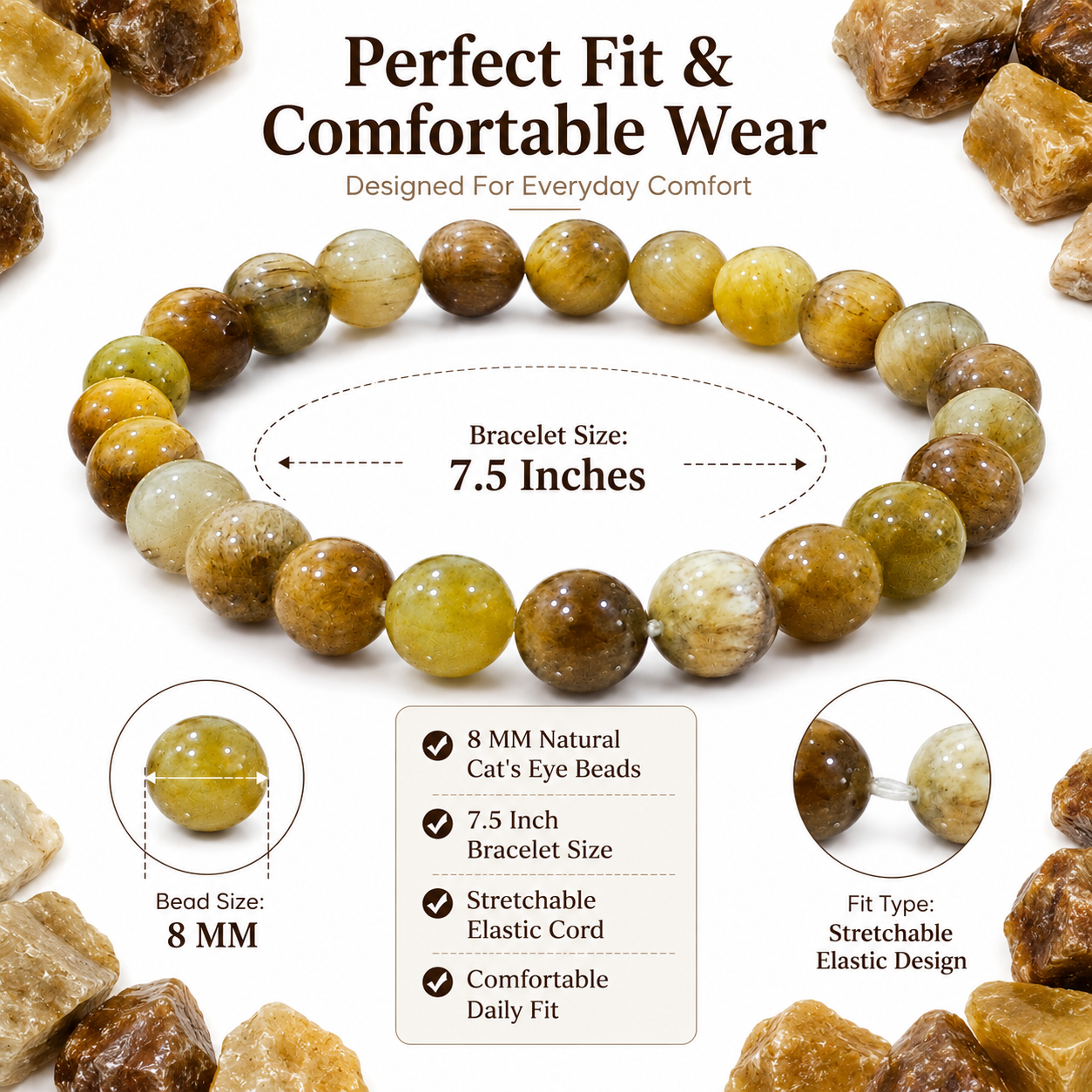 Natural Cat's Eye Bracelet 8mm | Certified Gemstone Bracelet