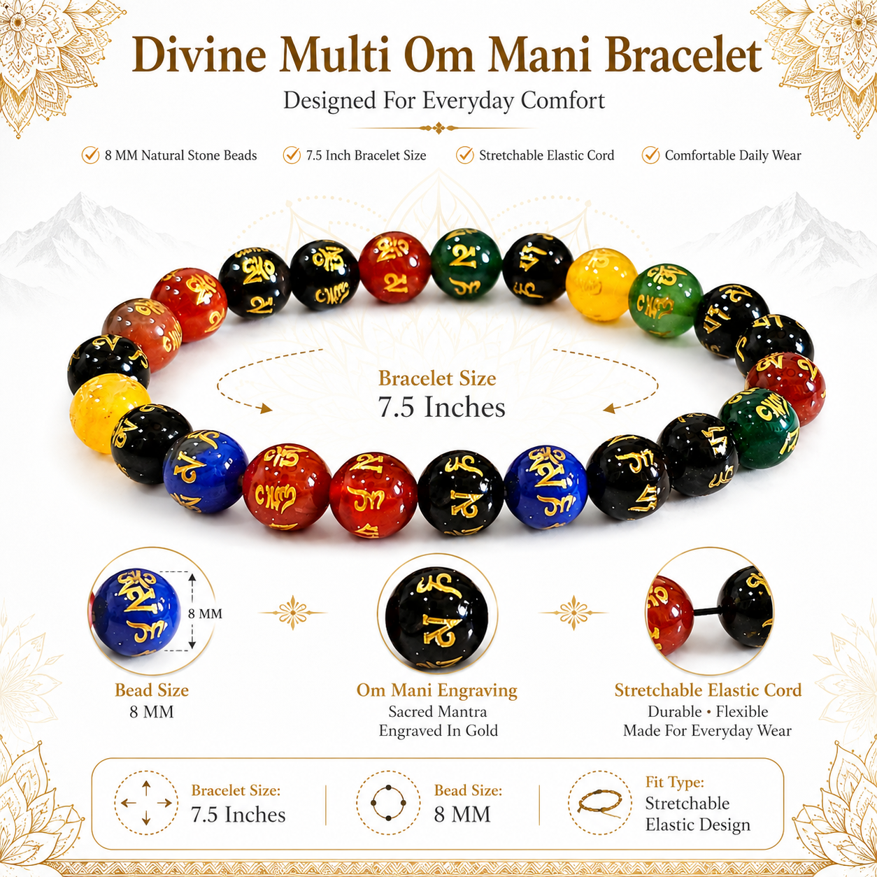 Divine Multi OM Mani Bracelet – Sacred OM Mani Padme Hum Mantra Bracelet for Spiritual Protection, Meditation, Mindfulness & Positive Energy | 8mm Multi-Stone Beads | Lab Certified