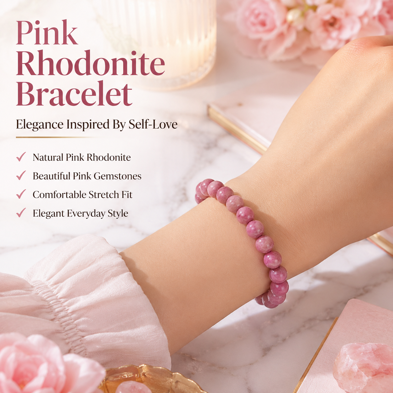 Natural Pink Rhodonite Bracelet – Love, Emotional Balance & Compassion Bracelet