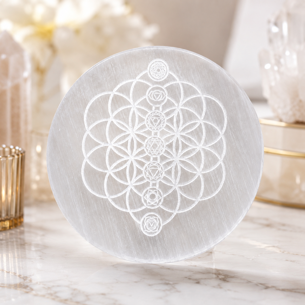 Flower of Life Selenite Charging Plate – Natural Crystal Cleansing & Charging Plate