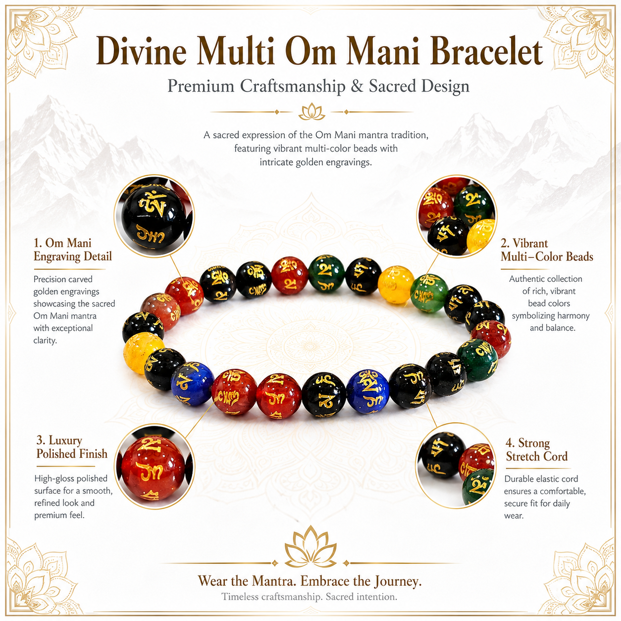 Divine Multi OM Mani Bracelet – Sacred OM Mani Padme Hum Mantra Bracelet for Spiritual Protection, Meditation, Mindfulness & Positive Energy | 8mm Multi-Stone Beads | Lab Certified