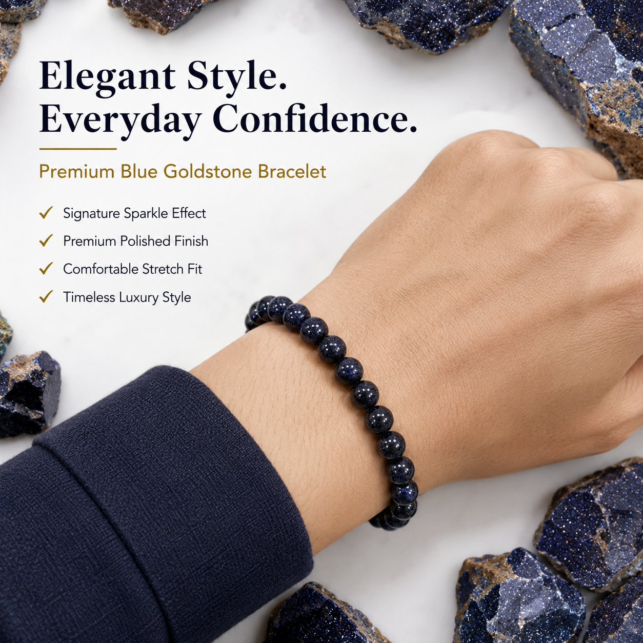 Blue Goldstone Bracelet 8mm | Certified Ambition, Confidence & Positive Energy Crystal Bracelet