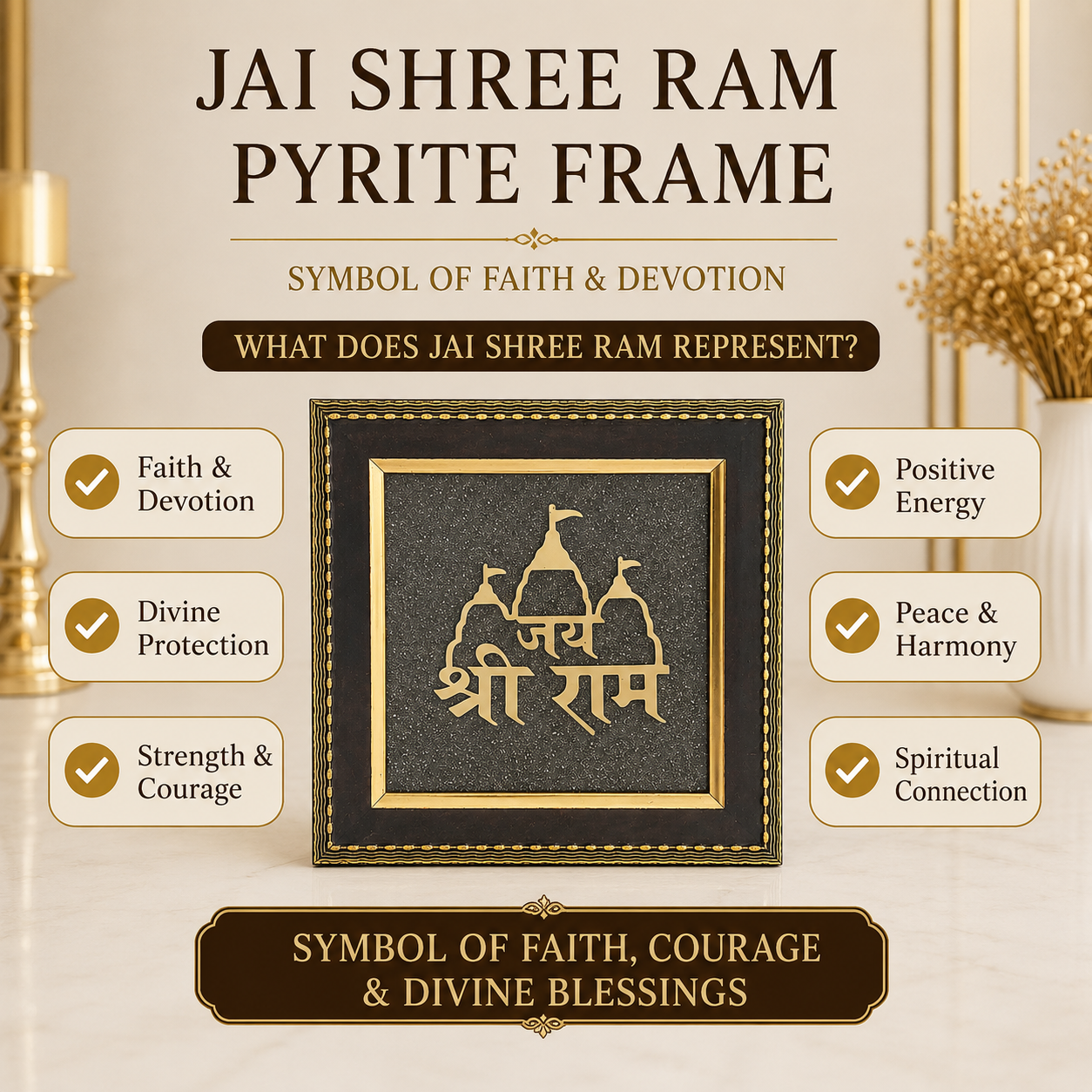 Natural Pyrite Jai Shri Ram Frame | Sacred Ram Mandir Wall Décor | Spiritual Decorative Frame for Home, Office & Pooja Room