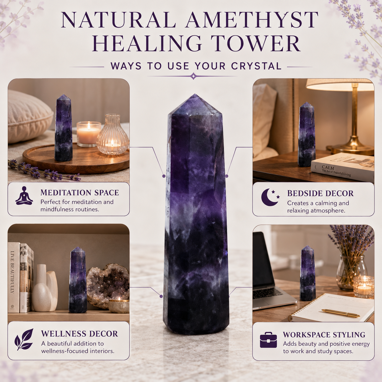 Natural Amethyst Healing Tower | Premium Polished Amethyst Crystal Point | Meditation, Calm & Spiritual Décor Crystal