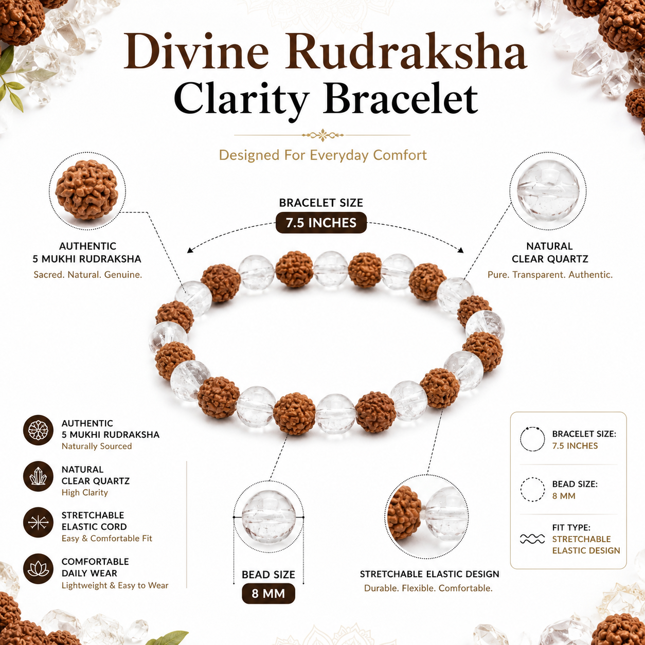 Divine Rudraksha Clarity Bracelet – Natural Rudraksha & Clear Quartz Spiritual Bracelet