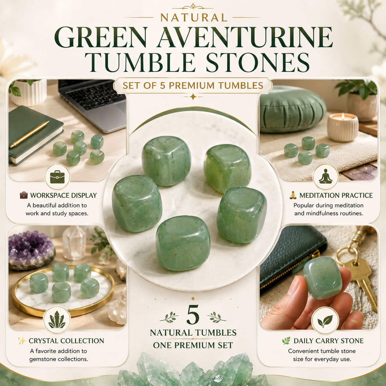 Natural Green Aventurine Tumble Stones | Set of 5 Premium Green Aventurine Crystal Tumbled Stones | Prosperity & Luck Healing Crystals