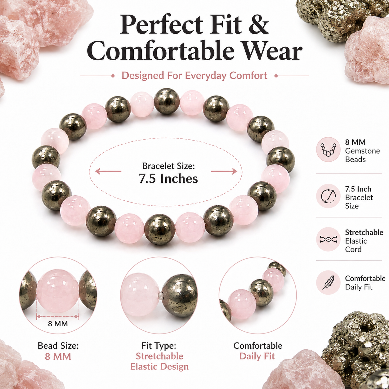 Prosperity & Love Bracelet | Natural Rose Quartz & Pyrite Crystal Bracelet 8mm