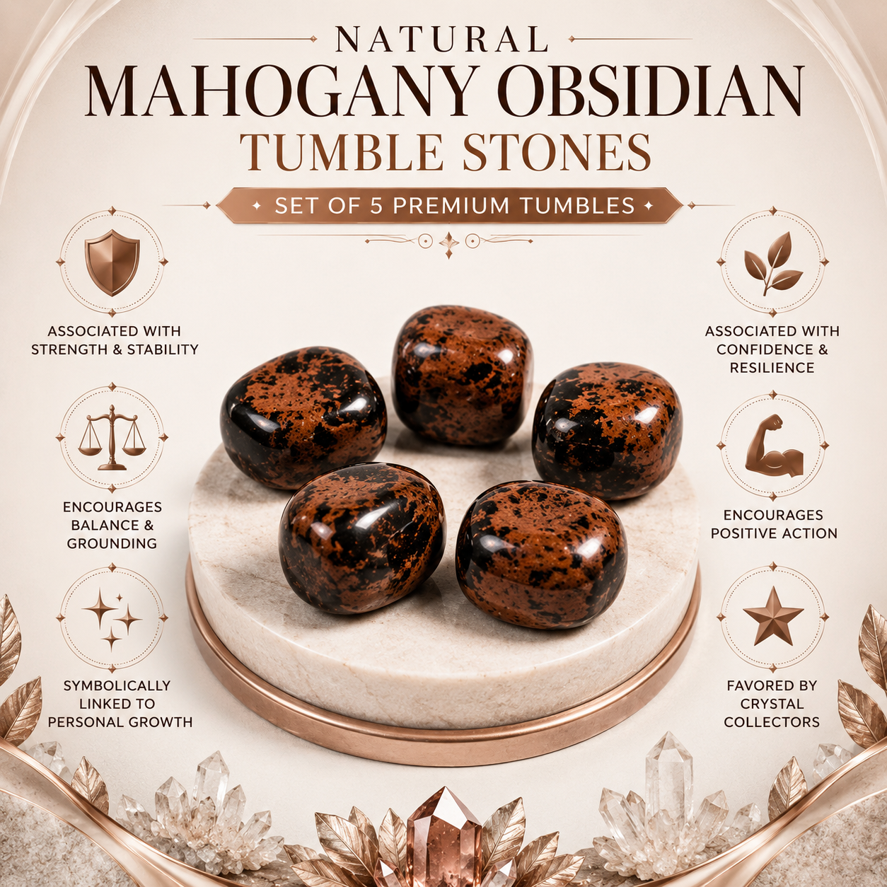 Natural Mahogany Obsidian Tumble Stones | Set of 5 Premium Polished Mahogany Obsidian Crystals | Grounding, Strength & Protection Stones