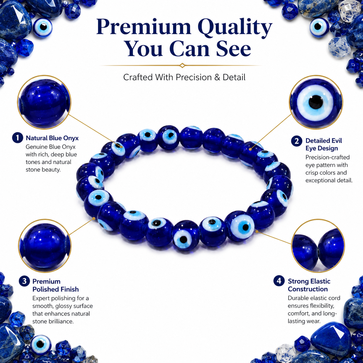 Blue Evil Eye Protection Bracelet 8mm | Certified Nazar Protection & Positive Energy Bracelet