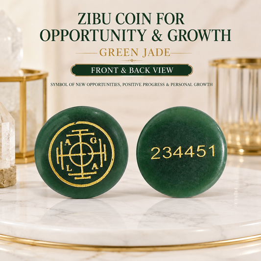 Natural Green Jade Opportunity & Growth Coin | Engraved Positive Progress Pocket Stone | Zibu Symbol Crystal Coin