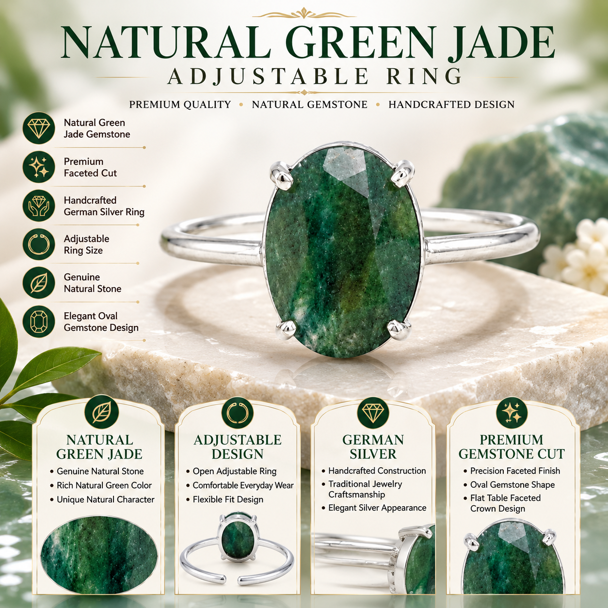 Natural Green Jade Adjustable Ring | Handmade Green Jade Gemstone Ring | Healing Crystal Jewelry