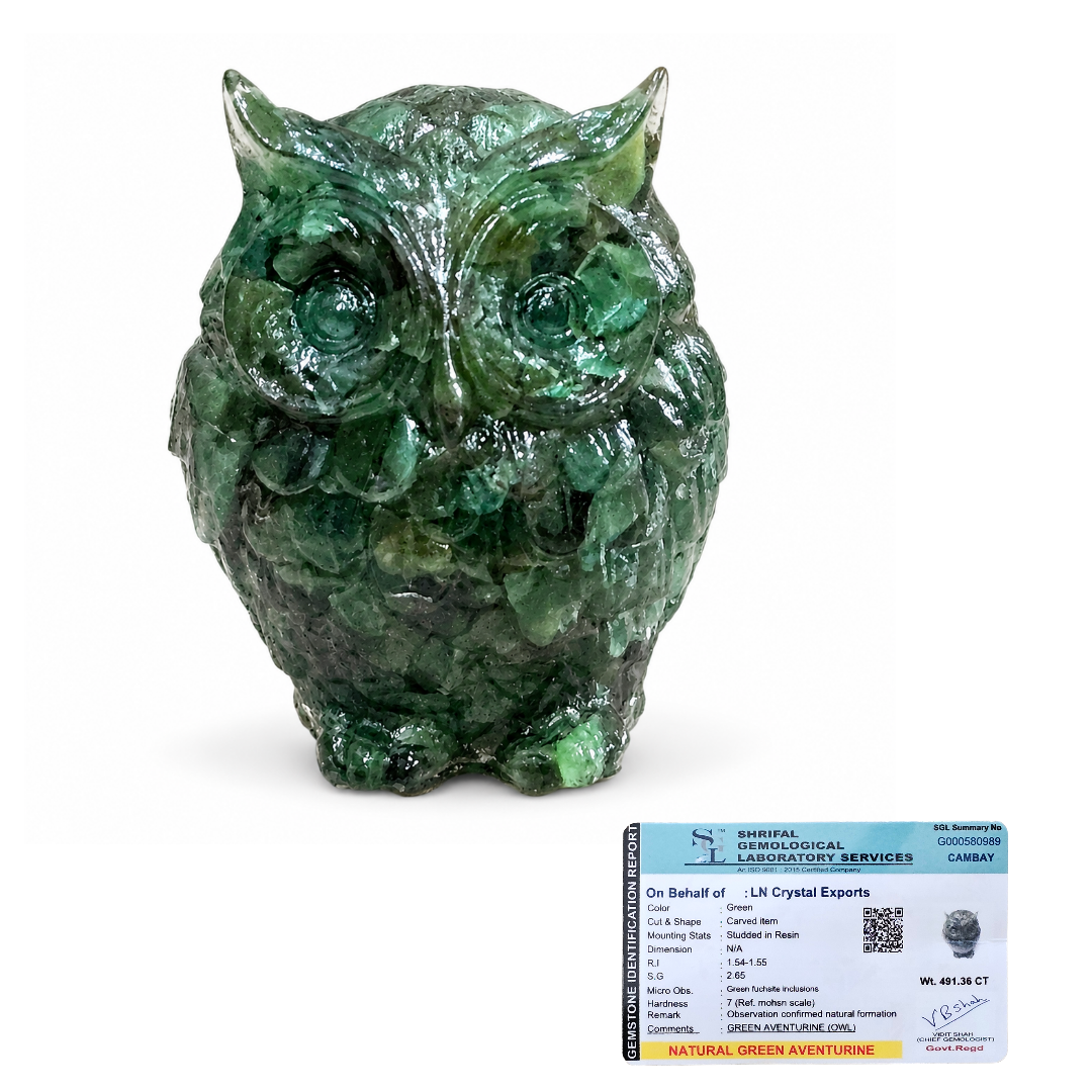Natural Green Aventurine Owl – Handcrafted Crystal Owl