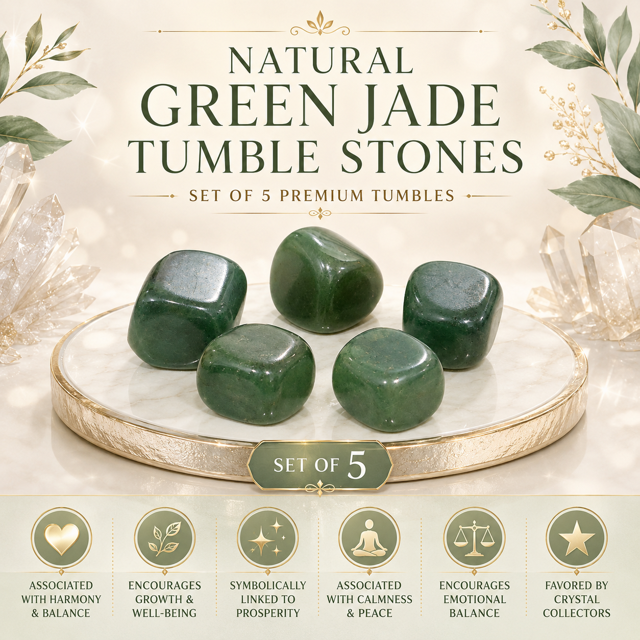 Natural Green Jade Tumble Stones | Set of 5 Premium Green Jade Crystal Tumbled Stones | Prosperity, Harmony & Good Luck Healing Crystals