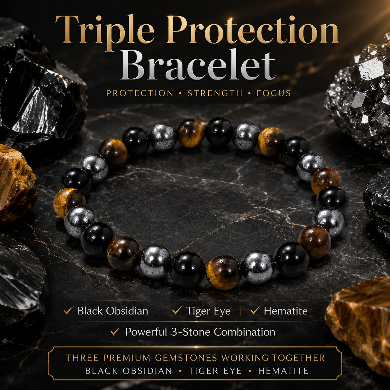 Triple Protection Bracelet – Black Obsidian, Tiger Eye & Hematite Protection Bracelet
